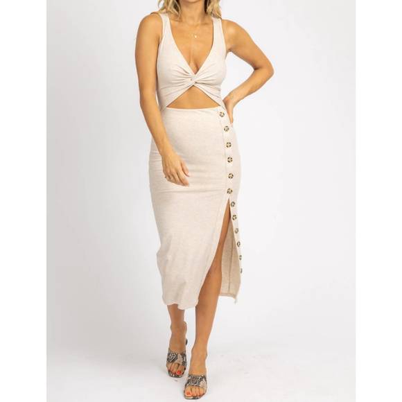 NEW FORE front cutout button midi dress in beige - Picture 2 of 5